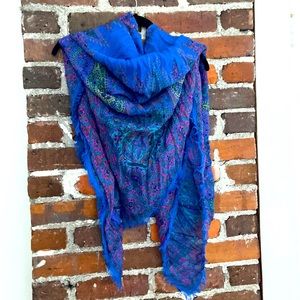 Tolani Silk and Wool Blue Square Scarf with Fringed Edge